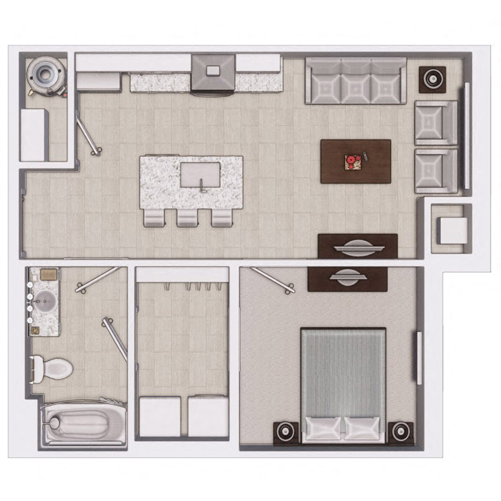 Floor plan for 1 bed, 1 bath, 591 sqft